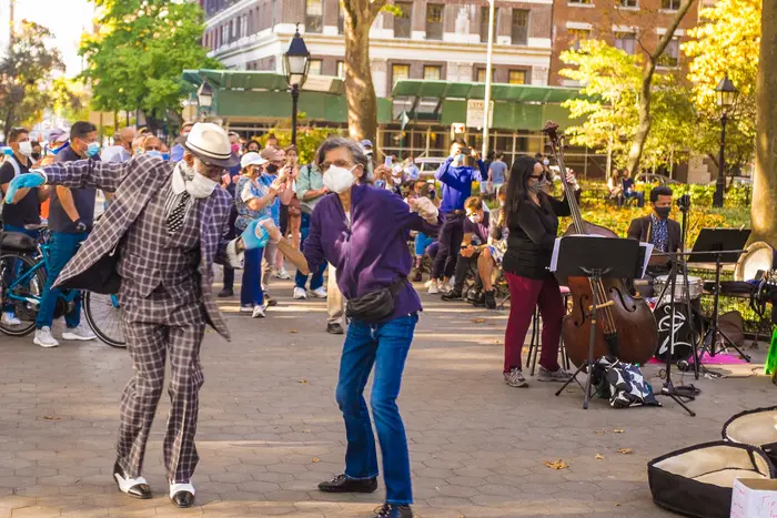 A photo of swing dancing in Washington Square Park last weekend